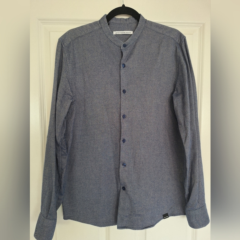 Adolfo Dominguez Men's Blue Button-Down‎ Dress Shirt Double Collar Long Sleeve